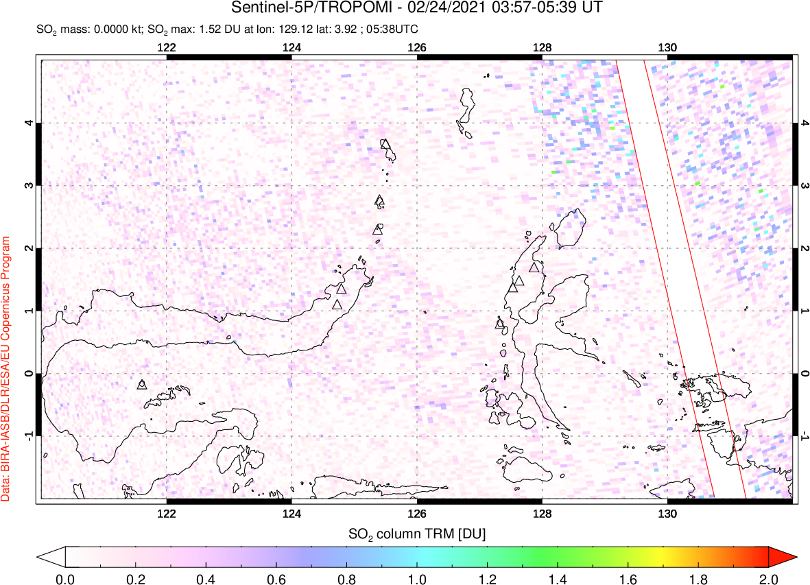 A sulfur dioxide image over Northern Sulawesi & Halmahera, Indonesia on Feb 24, 2021.