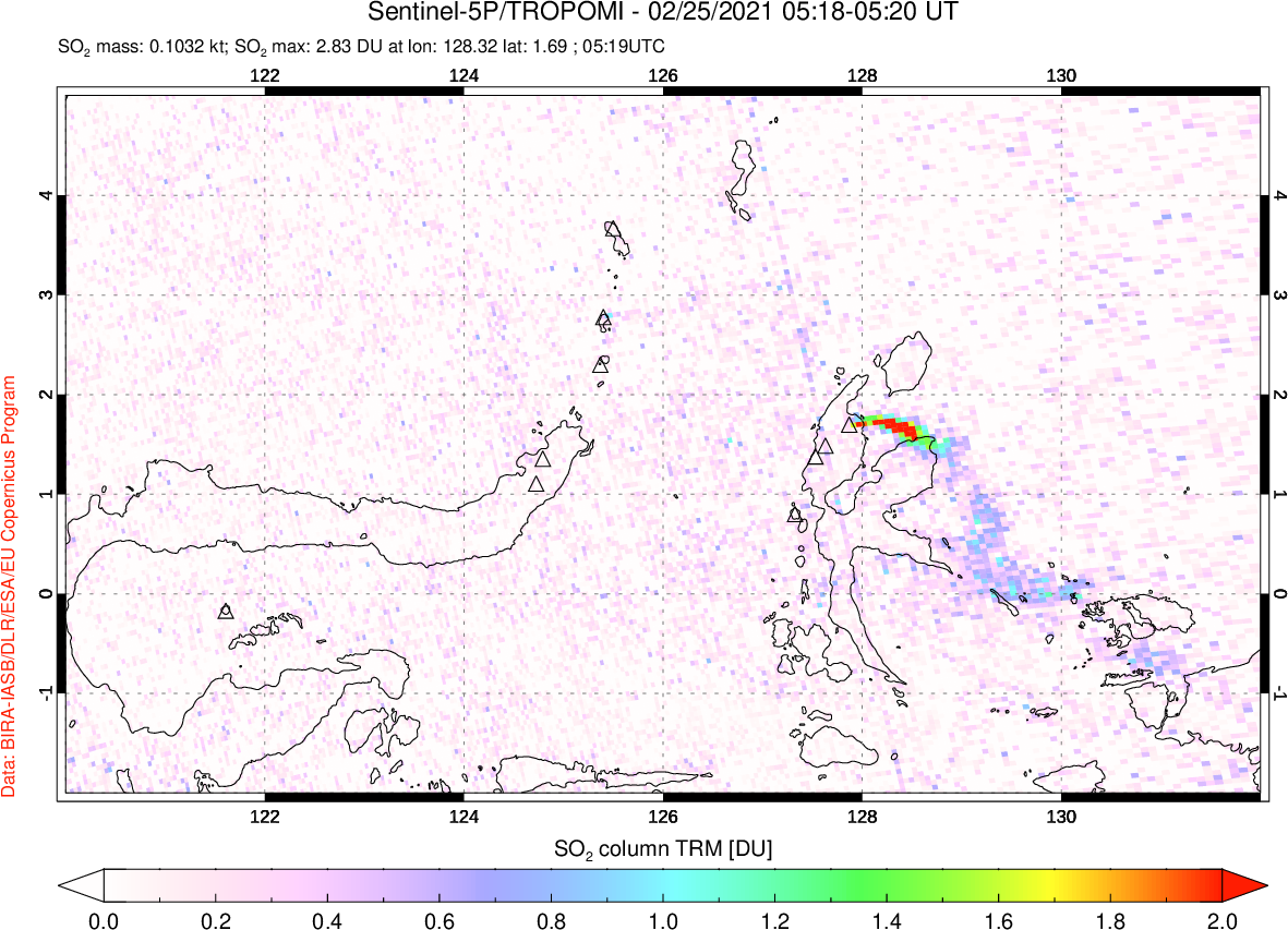 A sulfur dioxide image over Northern Sulawesi & Halmahera, Indonesia on Feb 25, 2021.
