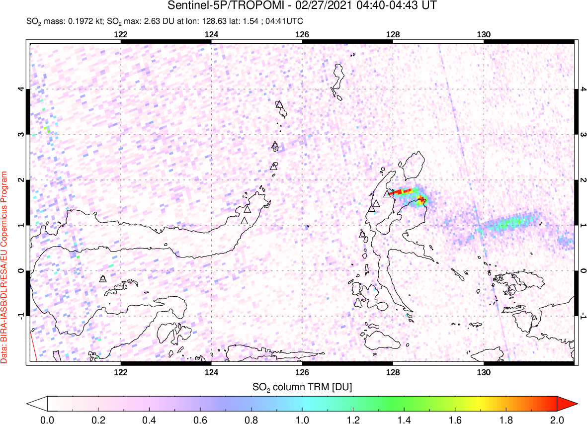 A sulfur dioxide image over Northern Sulawesi & Halmahera, Indonesia on Feb 27, 2021.
