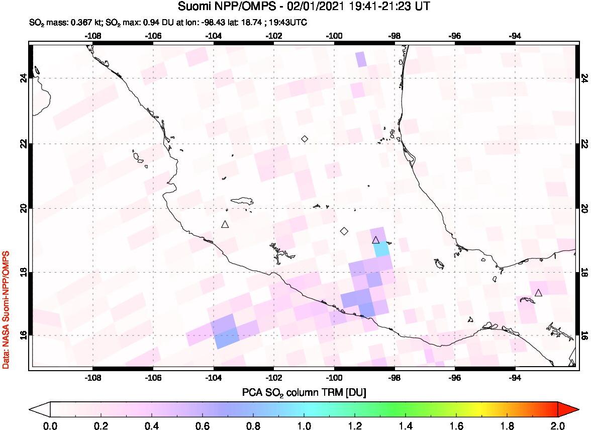 A sulfur dioxide image over Mexico on Feb 01, 2021.