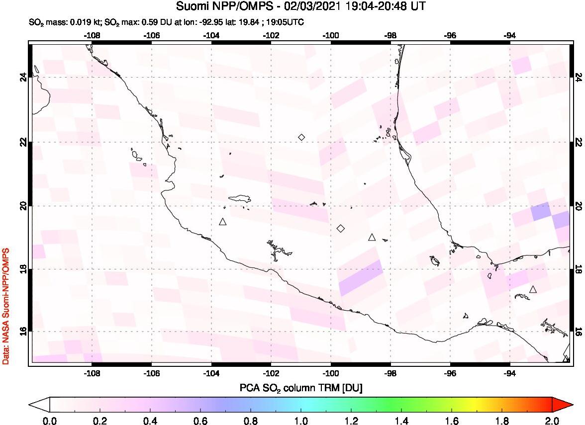 A sulfur dioxide image over Mexico on Feb 03, 2021.