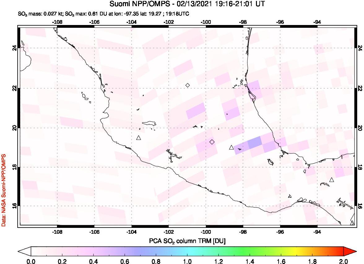 A sulfur dioxide image over Mexico on Feb 13, 2021.