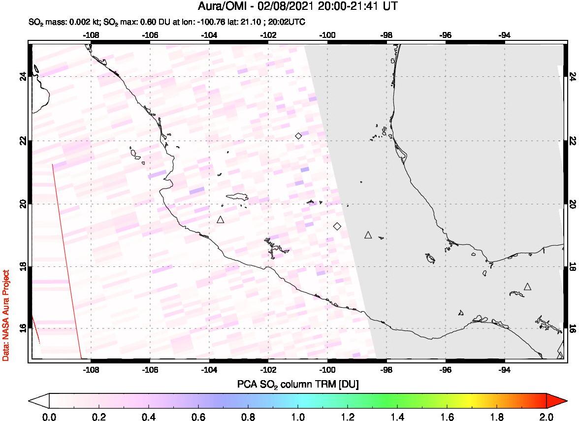 A sulfur dioxide image over Mexico on Feb 08, 2021.