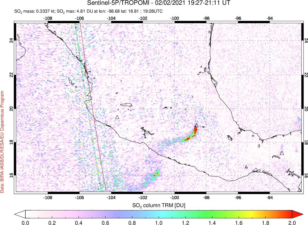 A sulfur dioxide image over Mexico on Feb 02, 2021.