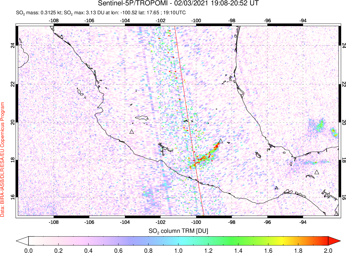 A sulfur dioxide image over Mexico on Feb 03, 2021.