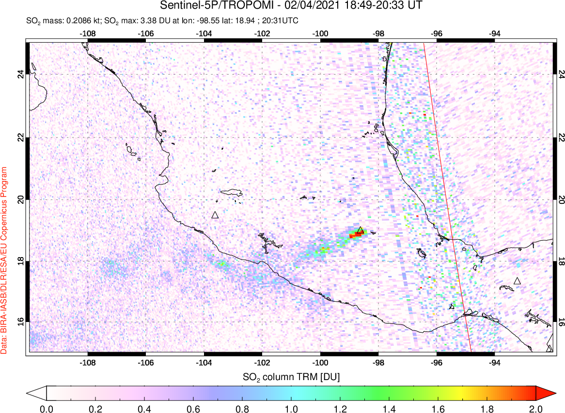A sulfur dioxide image over Mexico on Feb 04, 2021.