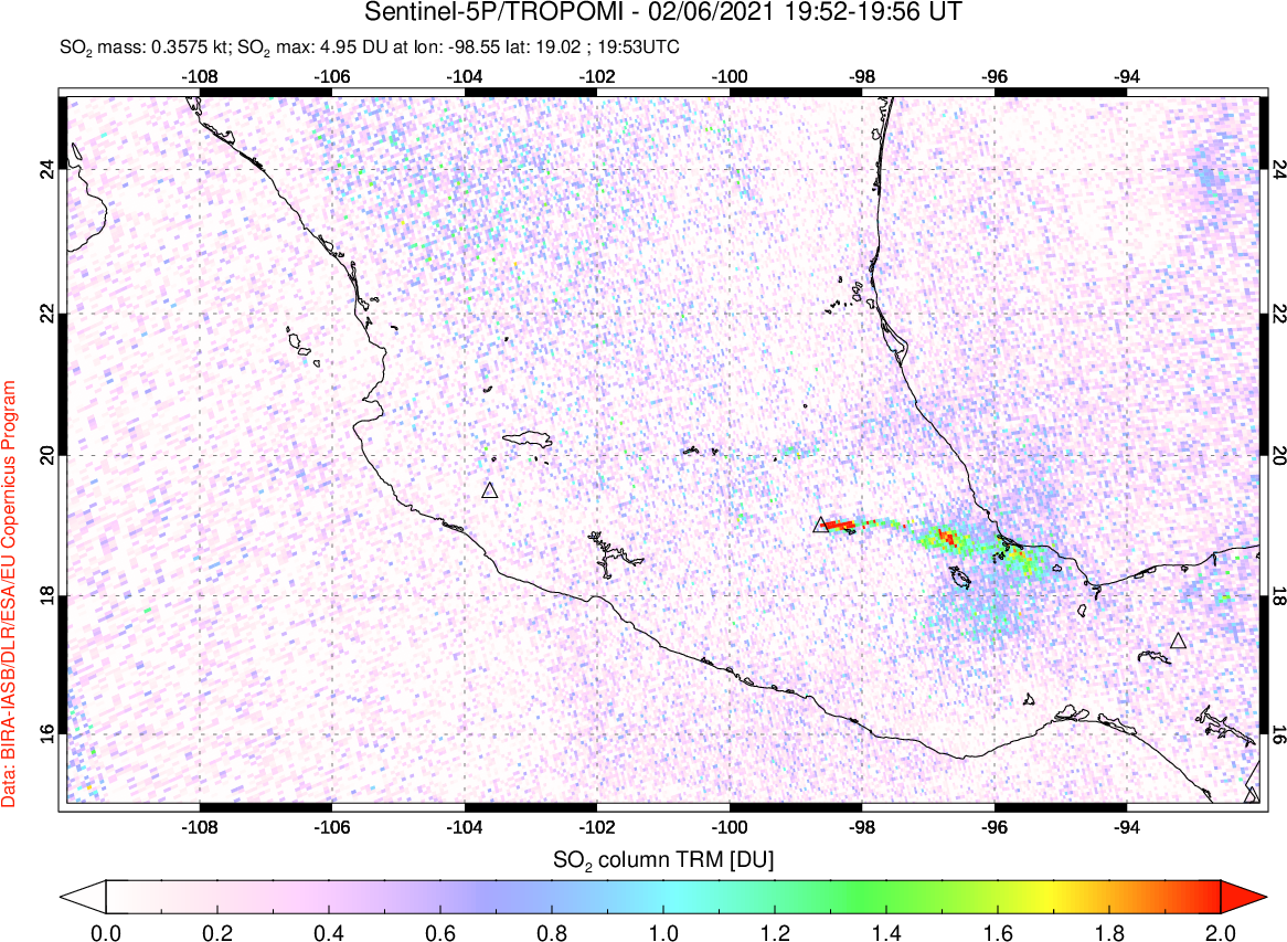 A sulfur dioxide image over Mexico on Feb 06, 2021.