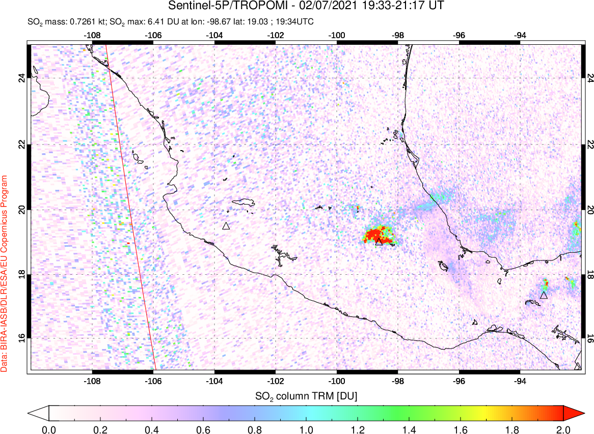 A sulfur dioxide image over Mexico on Feb 07, 2021.