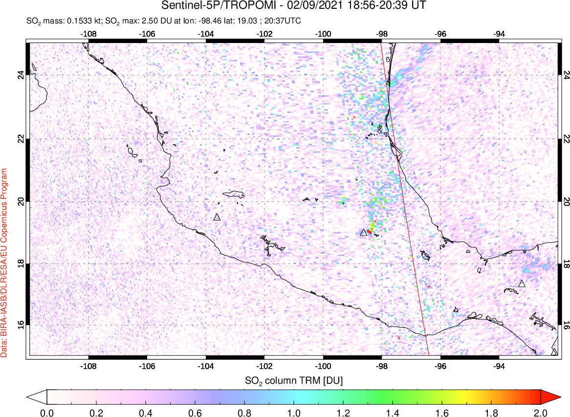 A sulfur dioxide image over Mexico on Feb 09, 2021.
