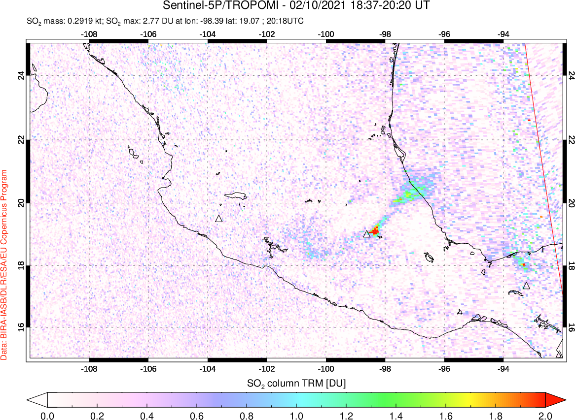 A sulfur dioxide image over Mexico on Feb 10, 2021.