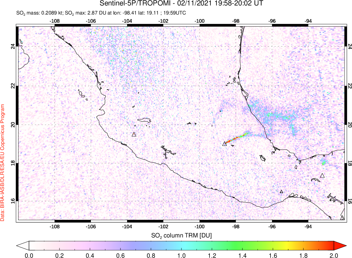 A sulfur dioxide image over Mexico on Feb 11, 2021.