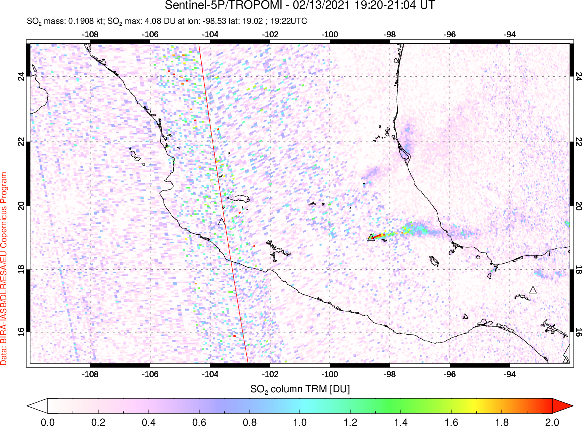 A sulfur dioxide image over Mexico on Feb 13, 2021.