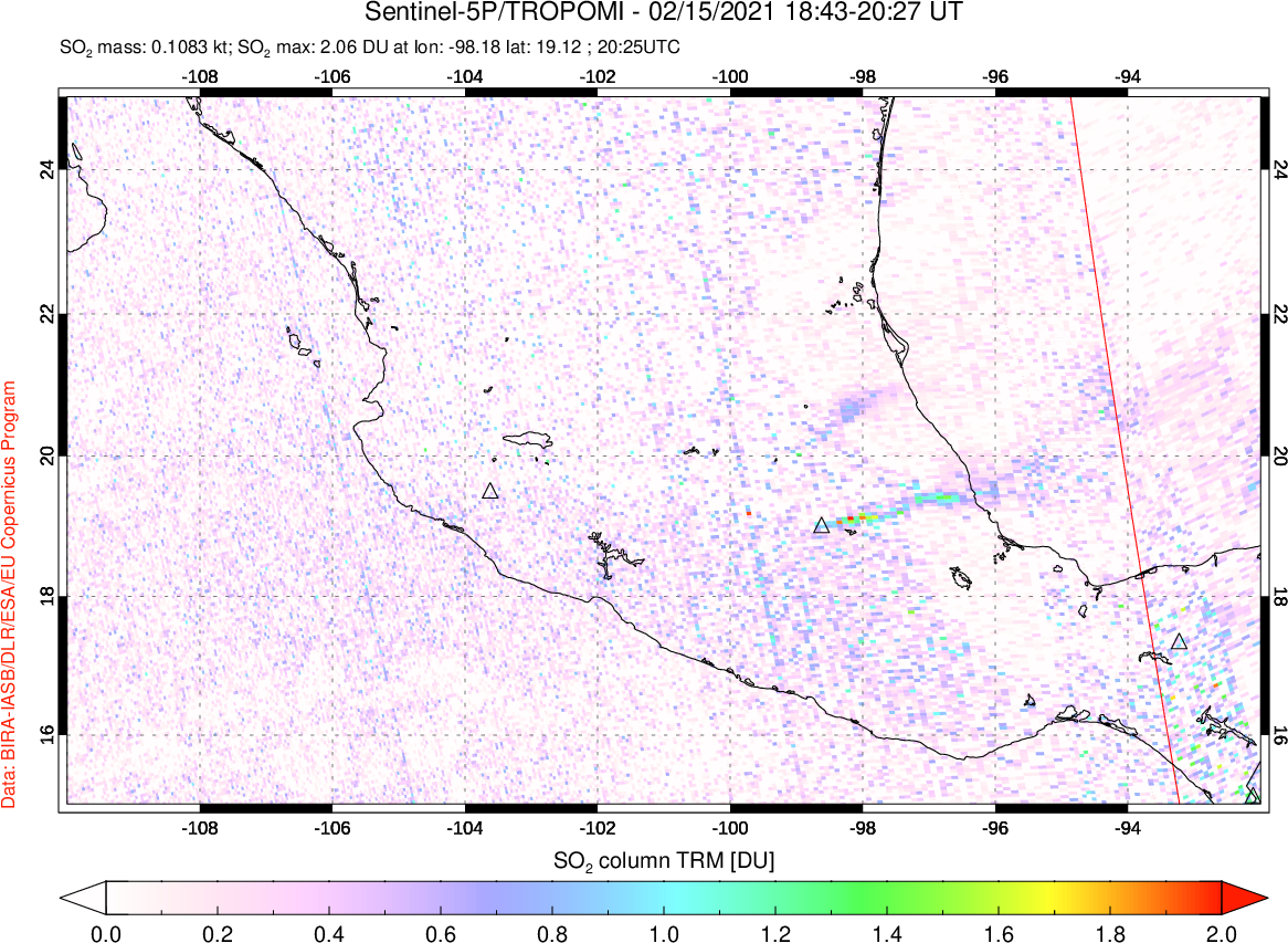 A sulfur dioxide image over Mexico on Feb 15, 2021.