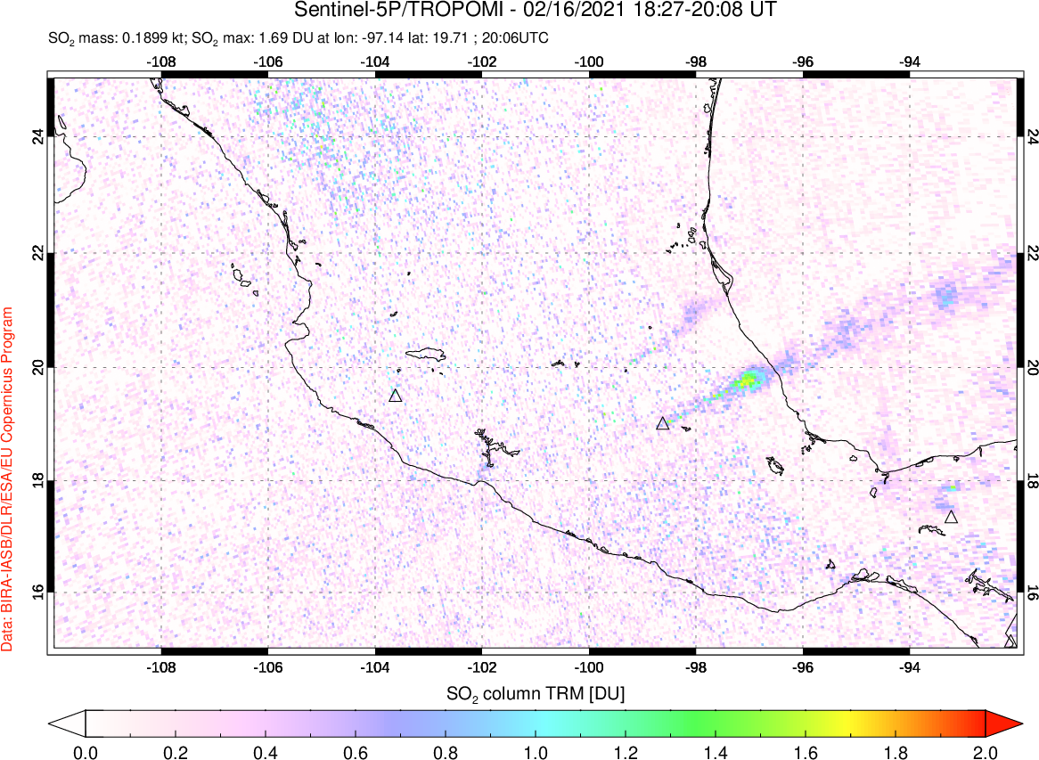 A sulfur dioxide image over Mexico on Feb 16, 2021.