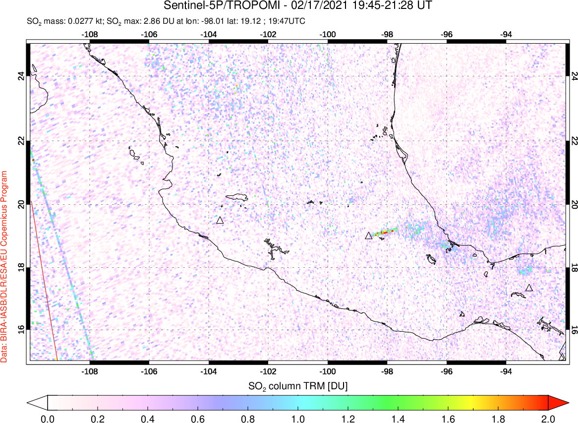 A sulfur dioxide image over Mexico on Feb 17, 2021.
