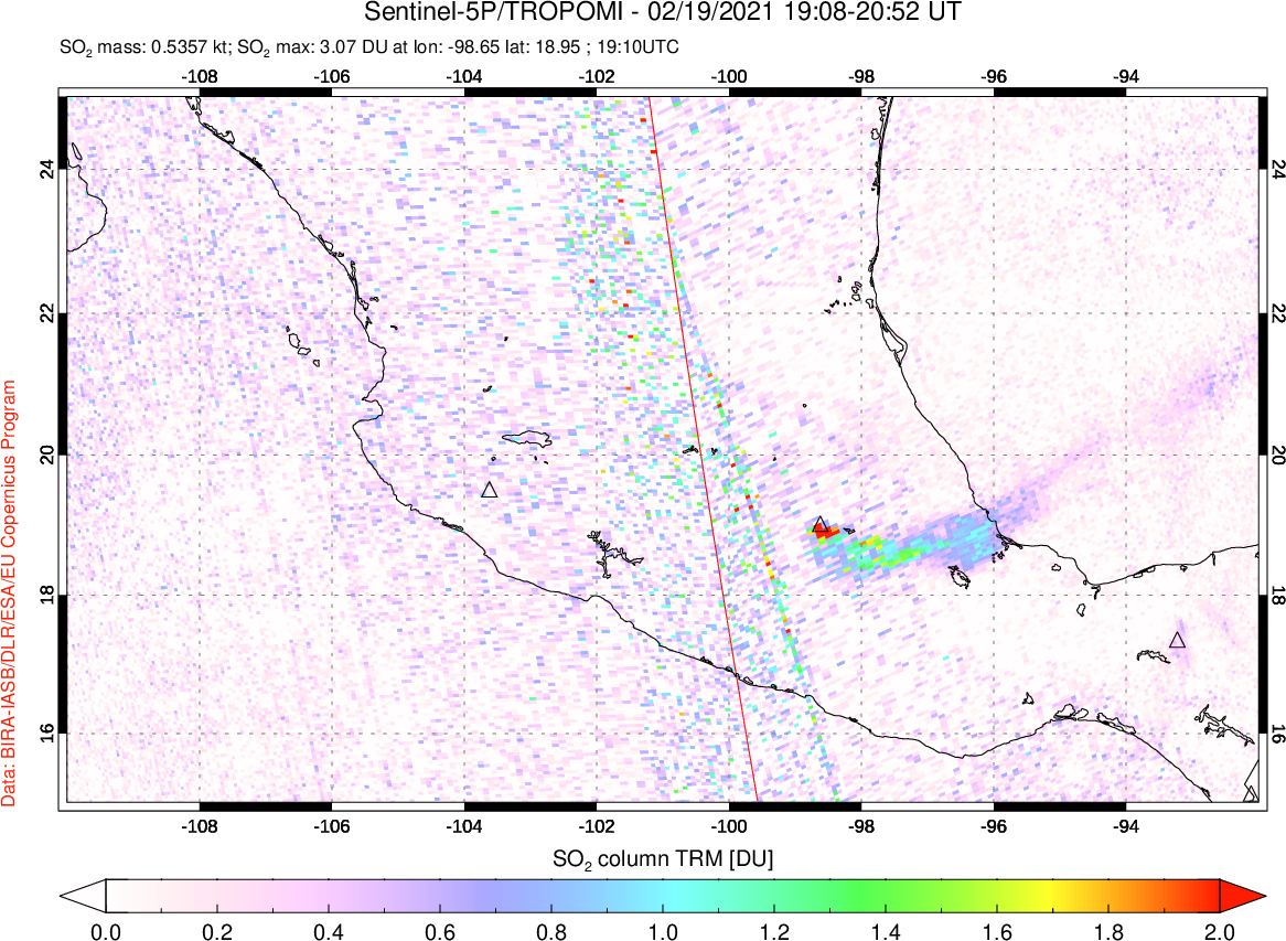A sulfur dioxide image over Mexico on Feb 19, 2021.