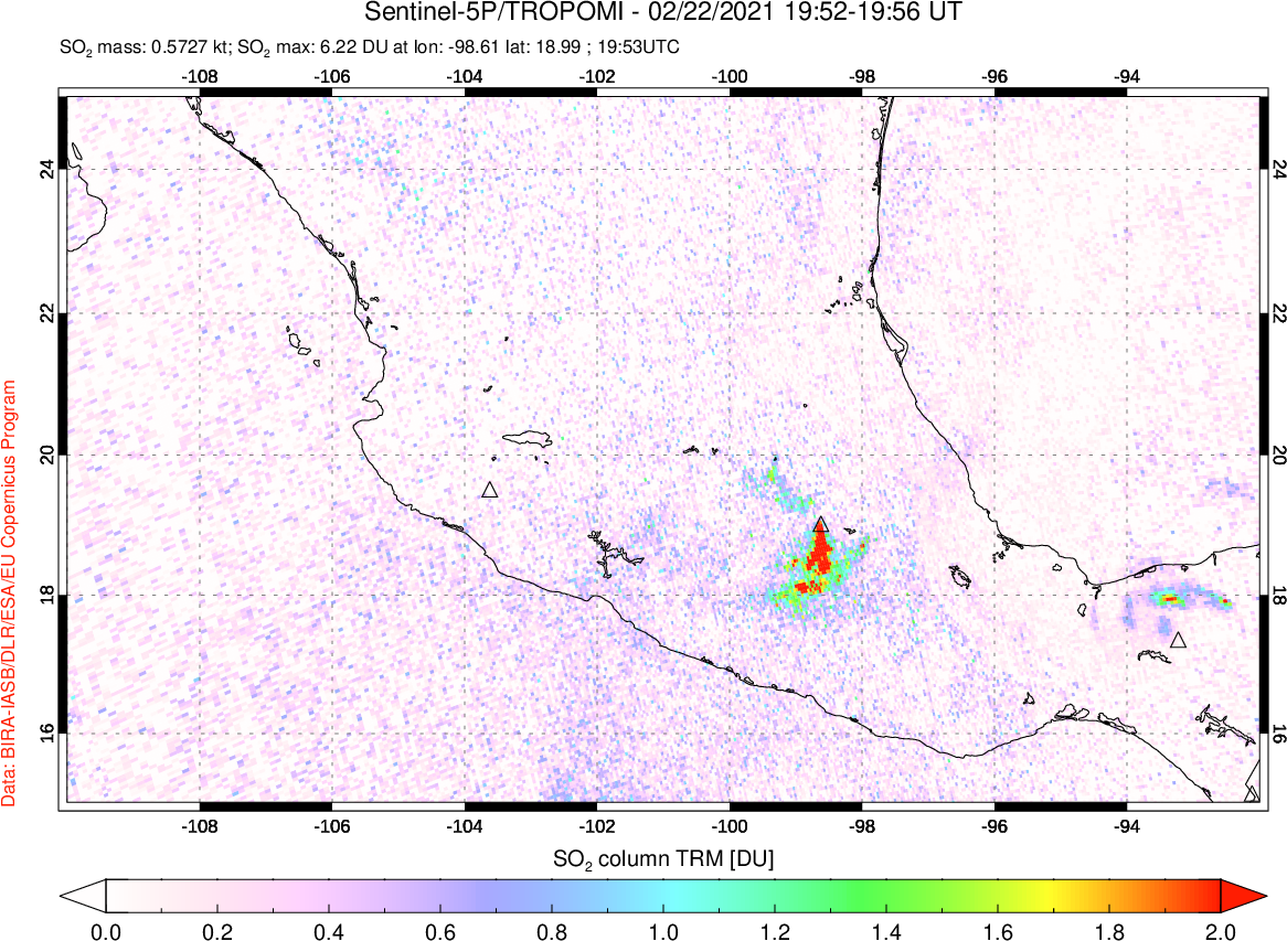 A sulfur dioxide image over Mexico on Feb 22, 2021.