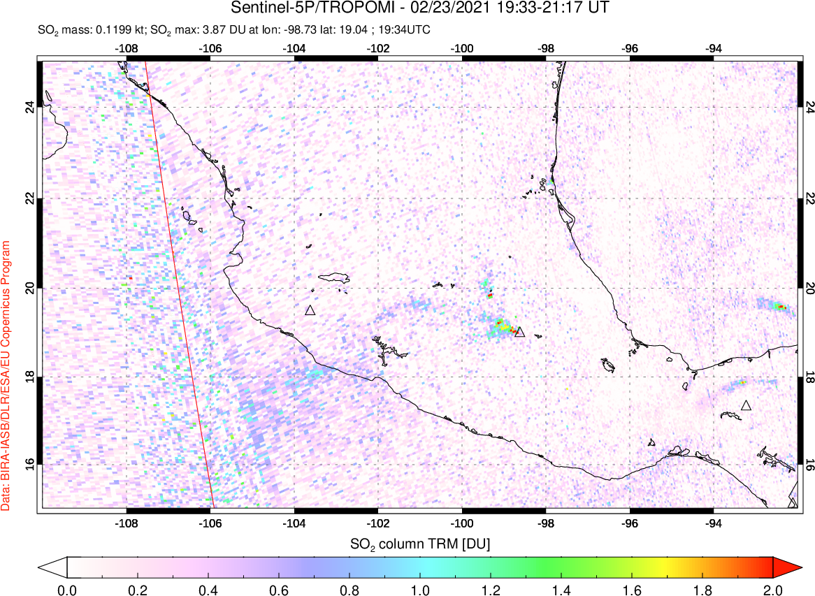 A sulfur dioxide image over Mexico on Feb 23, 2021.