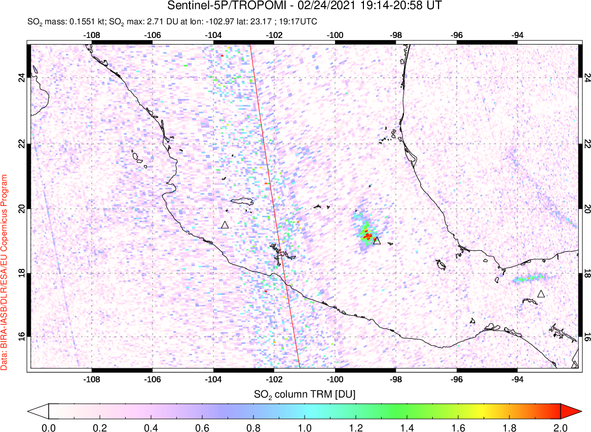 A sulfur dioxide image over Mexico on Feb 24, 2021.