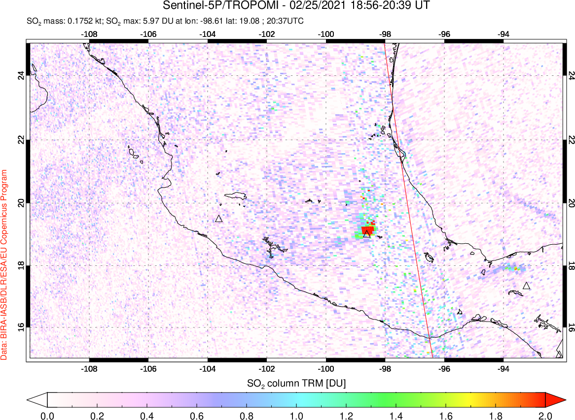 A sulfur dioxide image over Mexico on Feb 25, 2021.