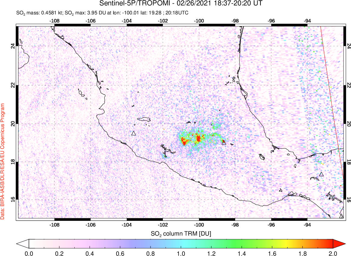 A sulfur dioxide image over Mexico on Feb 26, 2021.