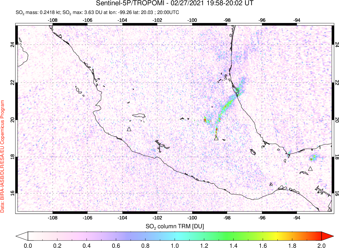 A sulfur dioxide image over Mexico on Feb 27, 2021.