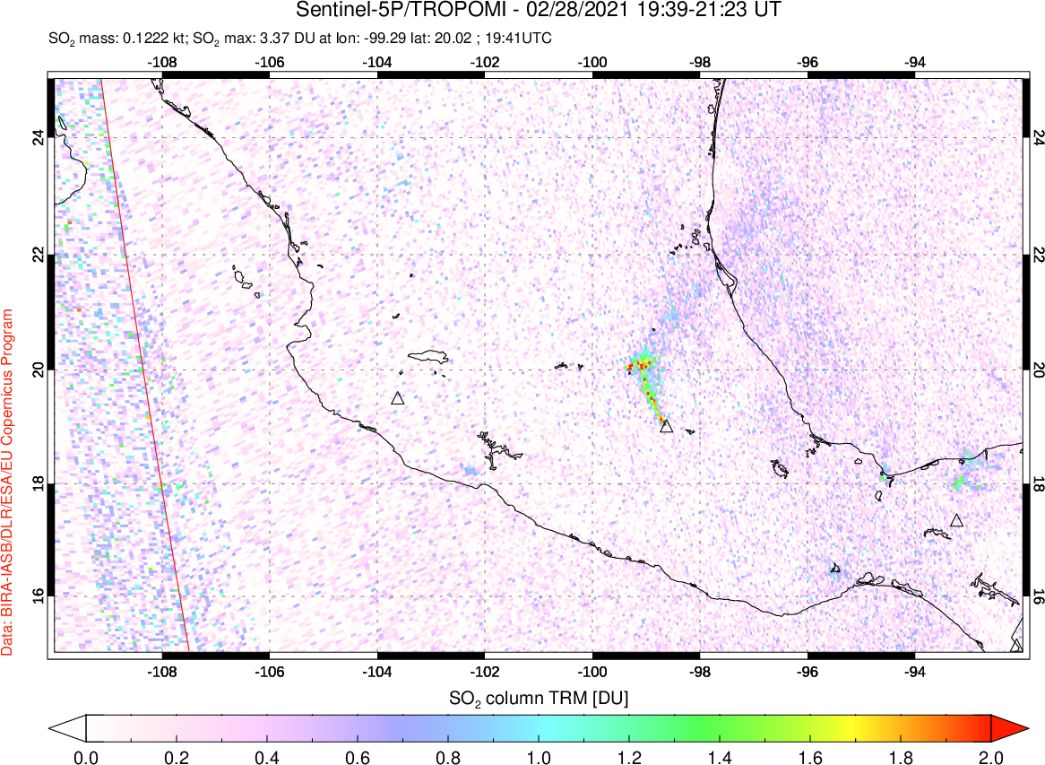 A sulfur dioxide image over Mexico on Feb 28, 2021.
