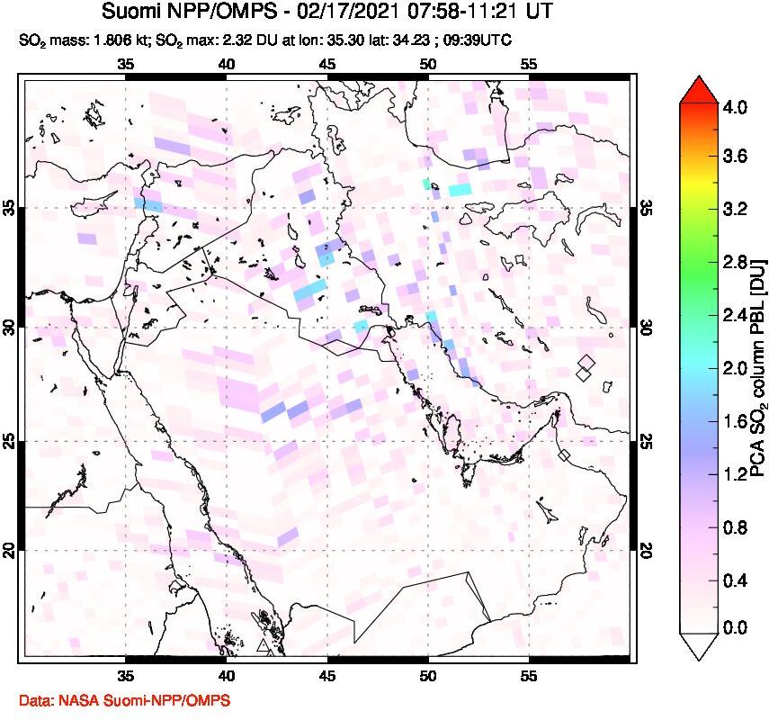 A sulfur dioxide image over Middle East on Feb 17, 2021.
