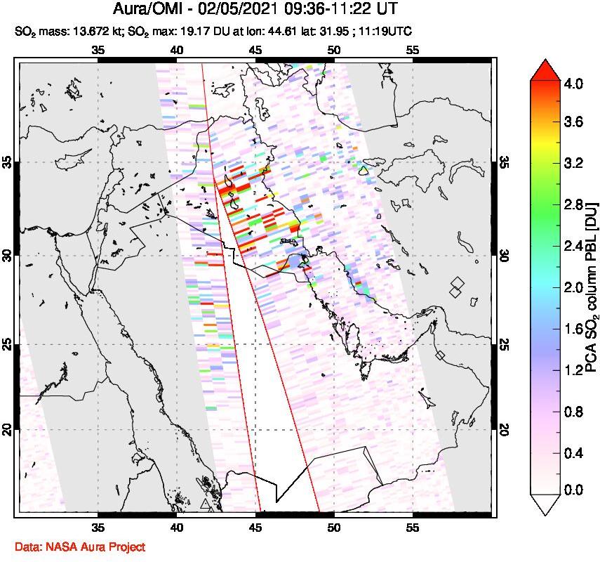 A sulfur dioxide image over Middle East on Feb 05, 2021.