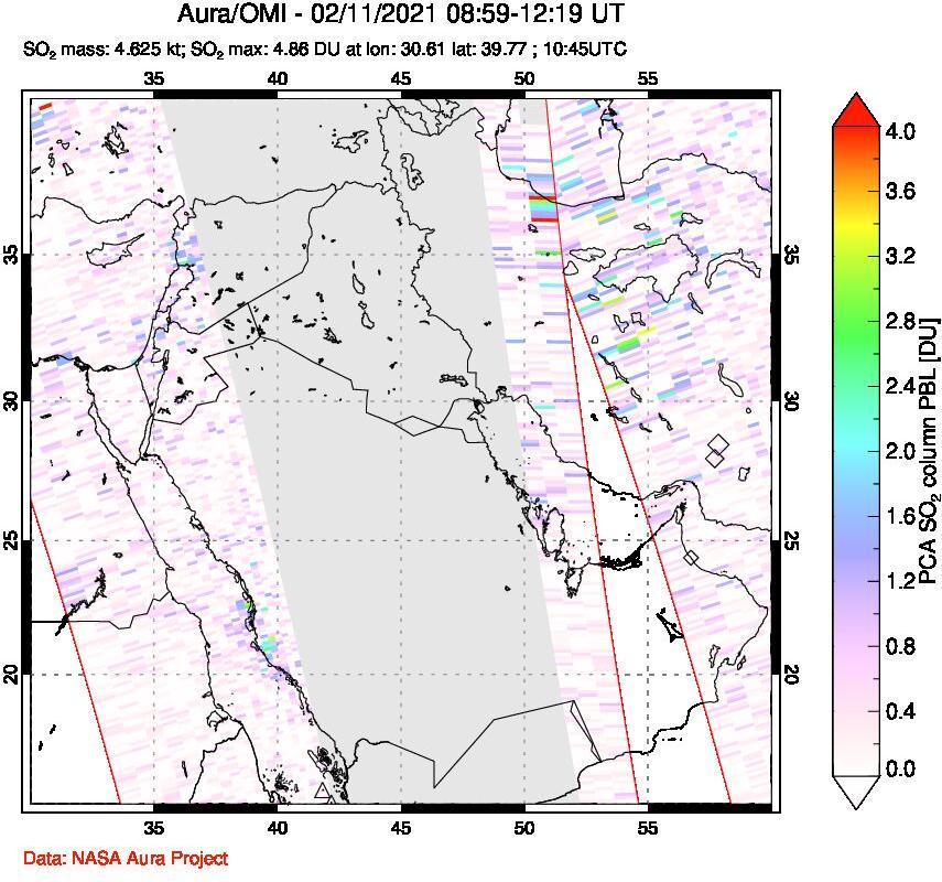 A sulfur dioxide image over Middle East on Feb 11, 2021.