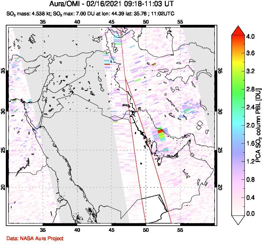 A sulfur dioxide image over Middle East on Feb 16, 2021.