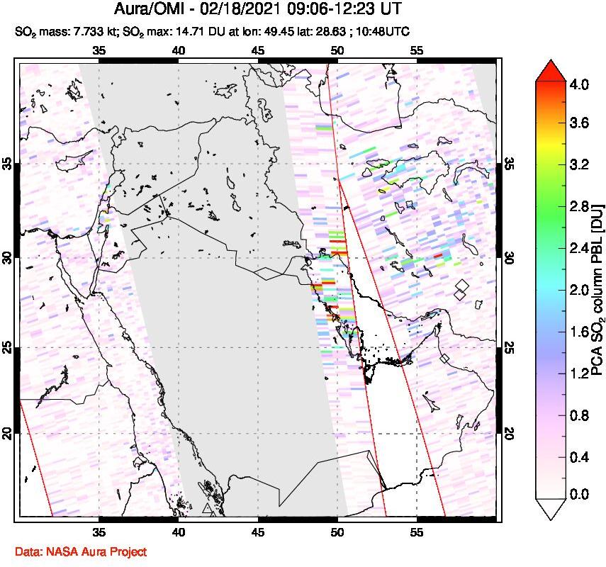 A sulfur dioxide image over Middle East on Feb 18, 2021.