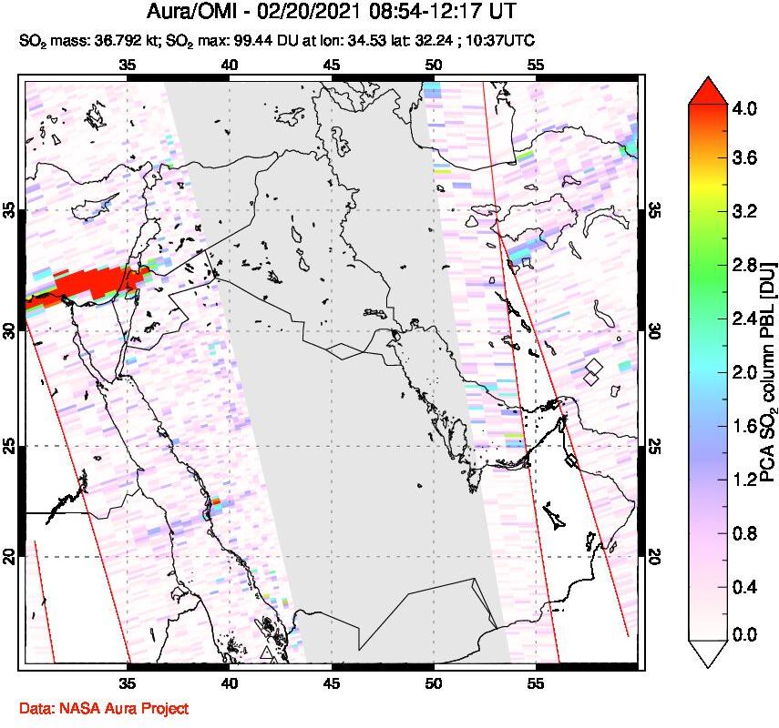A sulfur dioxide image over Middle East on Feb 20, 2021.