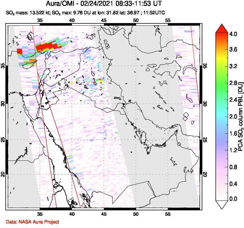 A sulfur dioxide image over Middle East on Feb 24, 2021.