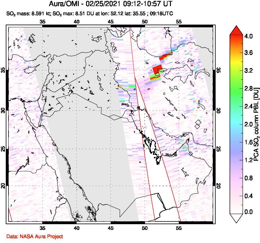 A sulfur dioxide image over Middle East on Feb 25, 2021.