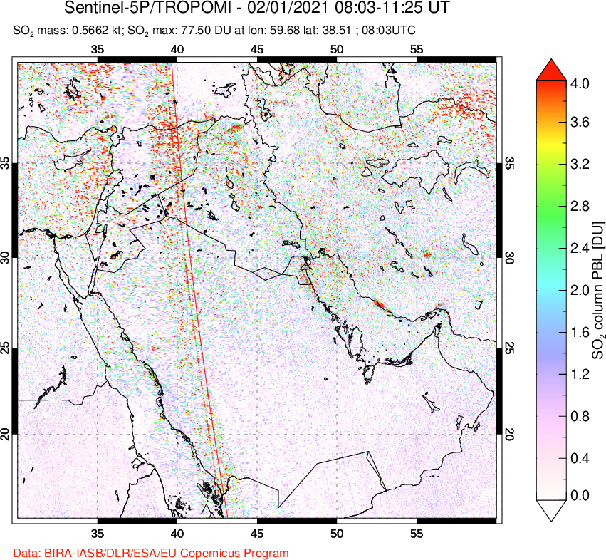 A sulfur dioxide image over Middle East on Feb 01, 2021.