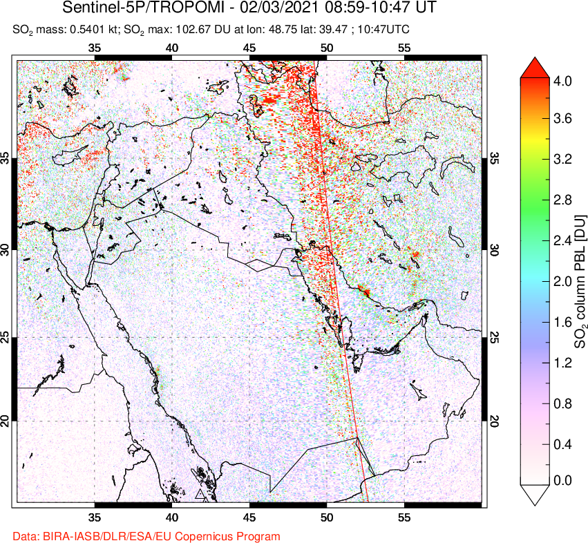 A sulfur dioxide image over Middle East on Feb 03, 2021.