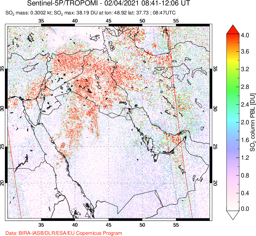 A sulfur dioxide image over Middle East on Feb 04, 2021.