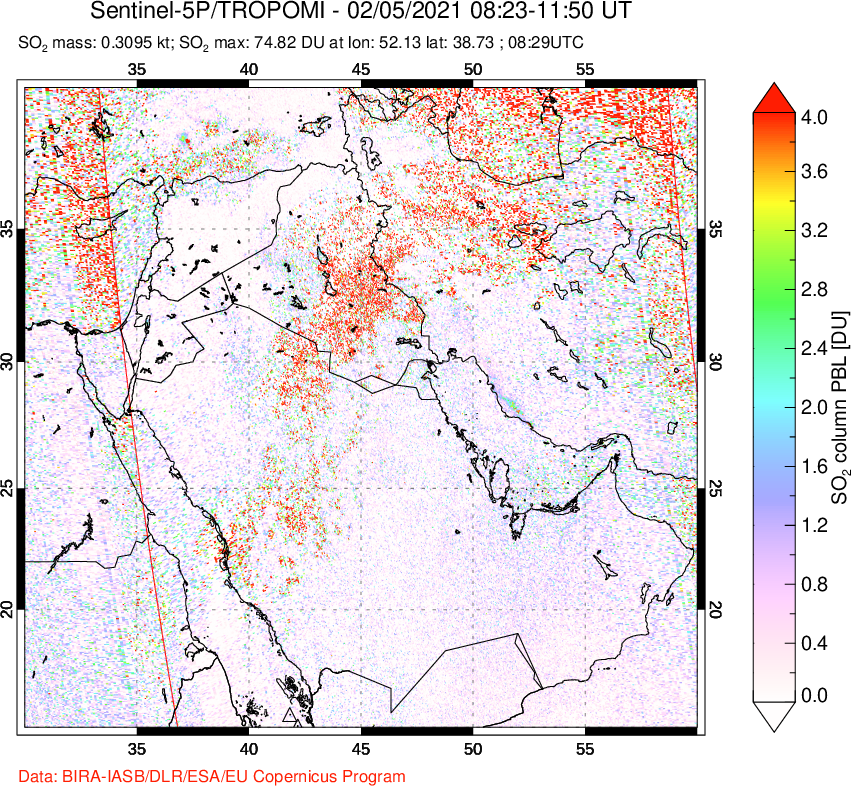 A sulfur dioxide image over Middle East on Feb 05, 2021.