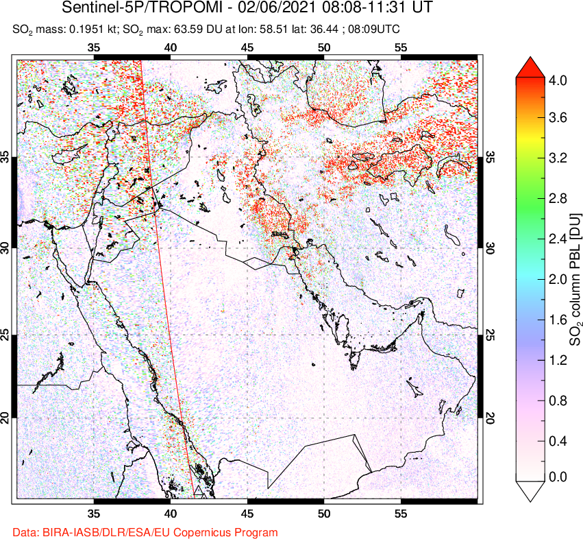 A sulfur dioxide image over Middle East on Feb 06, 2021.
