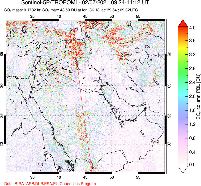A sulfur dioxide image over Middle East on Feb 07, 2021.