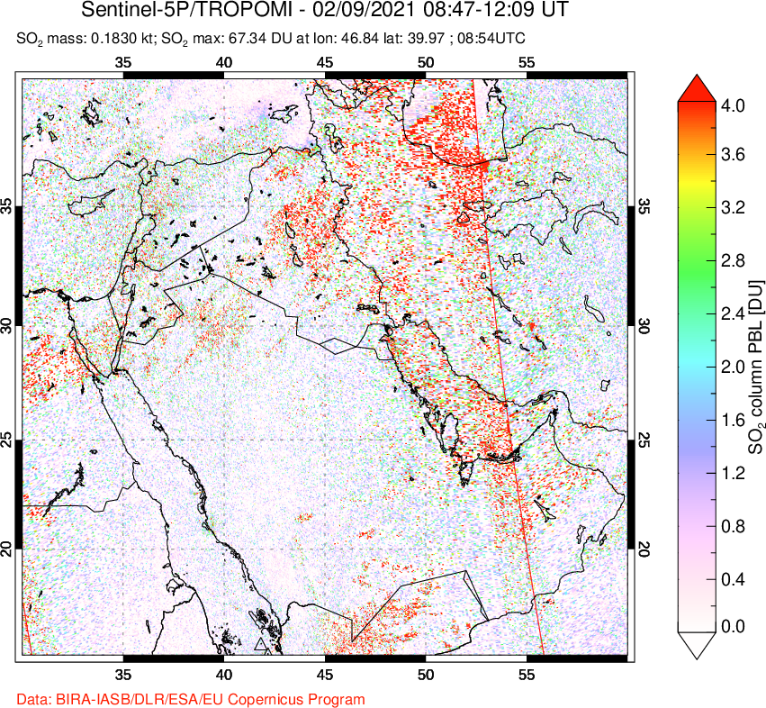A sulfur dioxide image over Middle East on Feb 09, 2021.