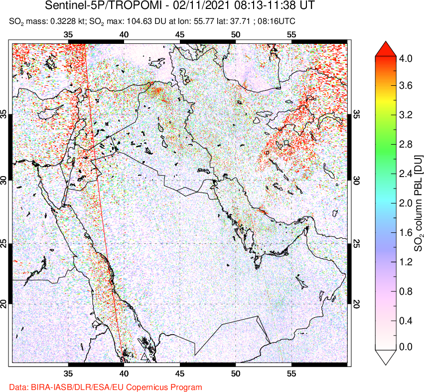 A sulfur dioxide image over Middle East on Feb 11, 2021.
