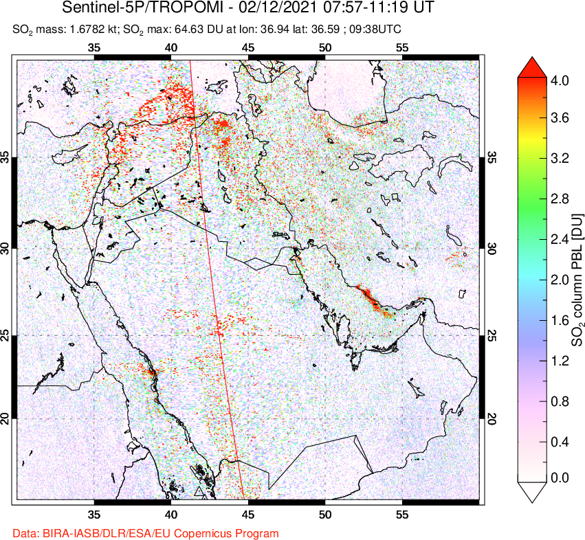 A sulfur dioxide image over Middle East on Feb 12, 2021.