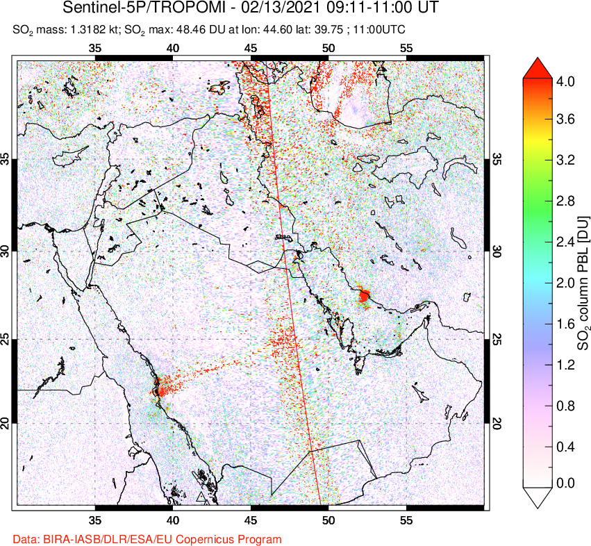 A sulfur dioxide image over Middle East on Feb 13, 2021.