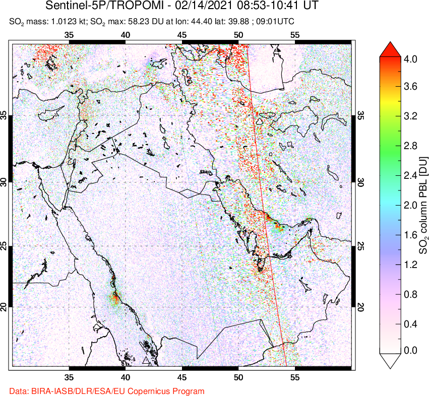 A sulfur dioxide image over Middle East on Feb 14, 2021.