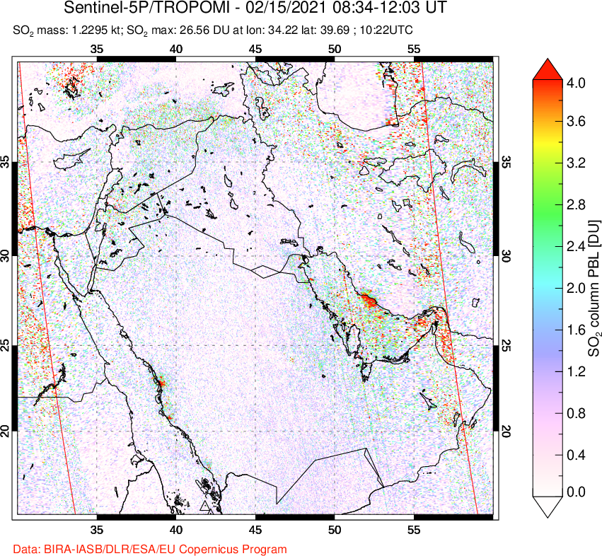 A sulfur dioxide image over Middle East on Feb 15, 2021.