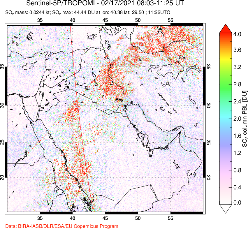 A sulfur dioxide image over Middle East on Feb 17, 2021.