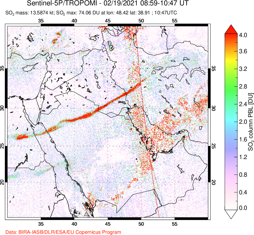 A sulfur dioxide image over Middle East on Feb 19, 2021.