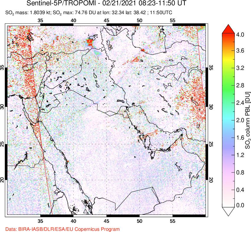 A sulfur dioxide image over Middle East on Feb 21, 2021.